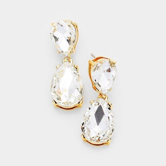 Clear Crystal Double Teardrop Gold Earrings - Picture 1 of 3